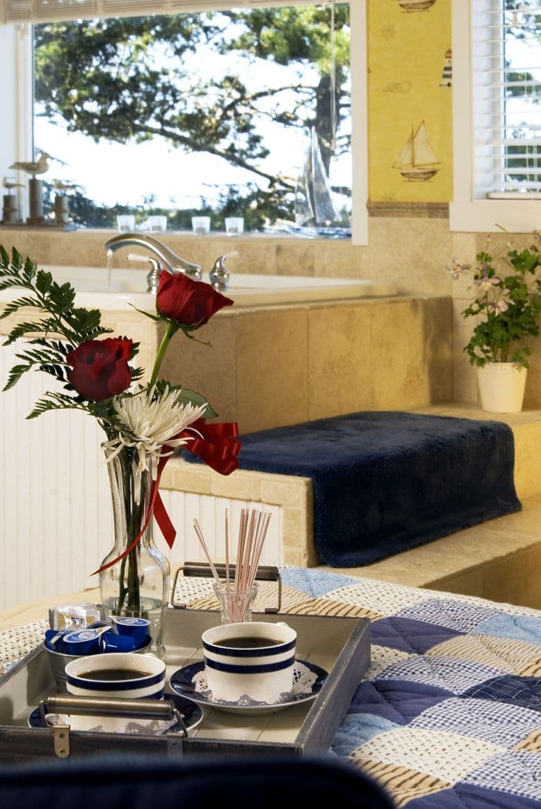 Tray with two cups of coffee and a vase of red roses in the foreground and a jacuzzi tub in the background with a window overlooking the waterfront.
